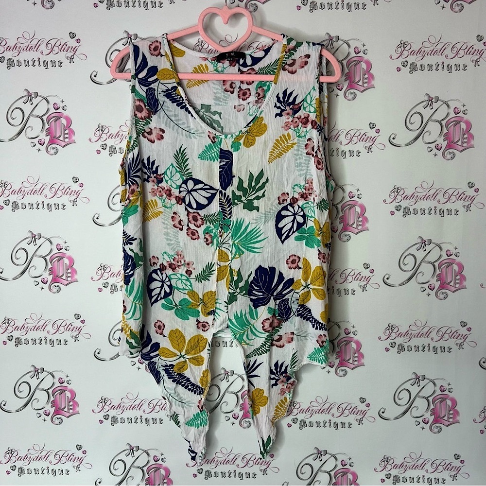 Yest tank top tie up ribbon Floral Sleeveless Top - Multicolor